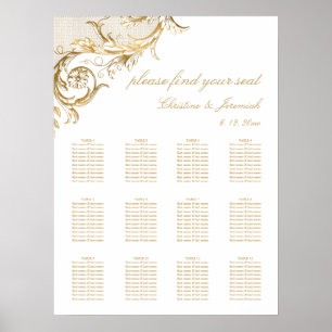 Vintage White Gold Damask Wedding Seating Poster