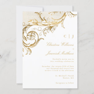 Vintage White Gold Floral Damask Monogram Wedding Invitation