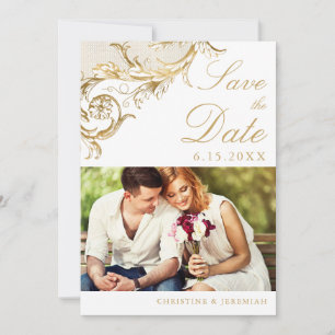 Vintage White Gold Floral Damask Photo Wedding Save The Date