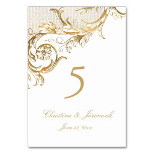 Vintage White Gold Floral Damask Script Wedding Table Number