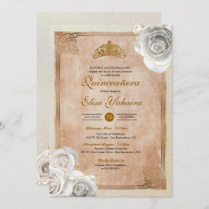 Vintage White & Gold Roses Royal Quinceanera Invitation