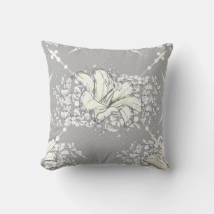 Vintage White & Grey Fleur de Lis Pattern Floral Cushion