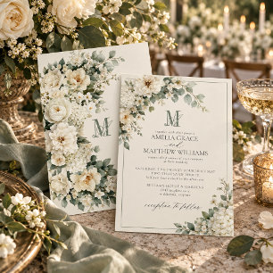 Vintage White Ivory Garden Floral Monogram Wedding Invitation
