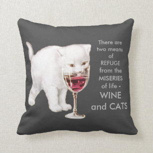 Vintage White Kitten Drinking Red Wine Art Quote Cushion