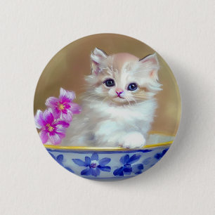 Vintage White Kitten Illustration 6 Cm Round Badge