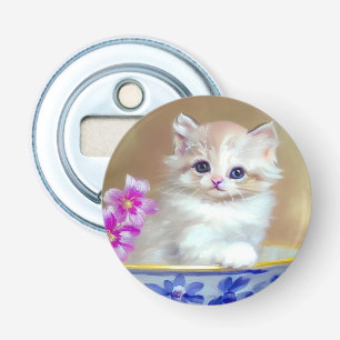 Vintage White Kitten Illustration Bottle Opener