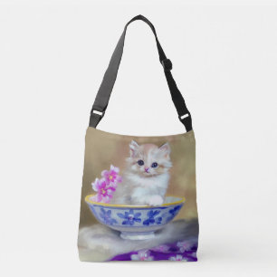 Vintage White Kitten Illustration Crossbody Bag