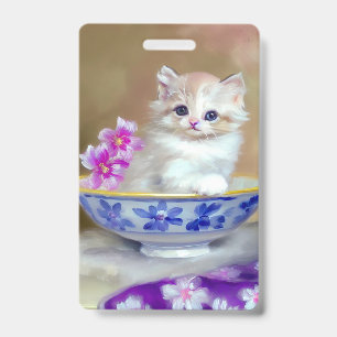 Vintage White Kitten Illustration ID Badge