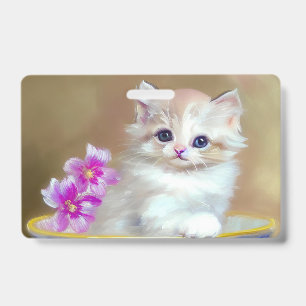 Vintage White Kitten Illustration ID Badge