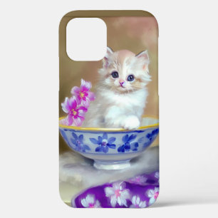 Vintage White Kitten Illustration iPhone 12 Case