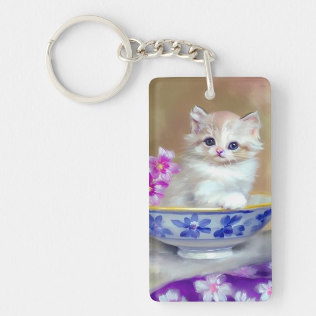Vintage White Kitten Illustration Key Ring (Front)