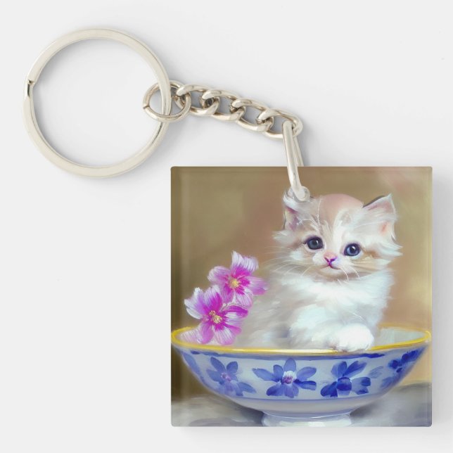 Vintage White Kitten Illustration Key Ring (Front)