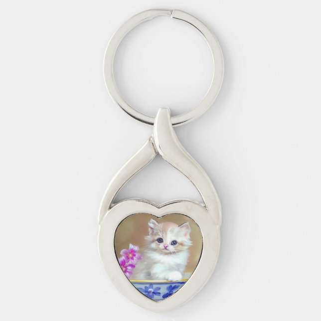 Vintage White Kitten Illustration Key Ring (Front)