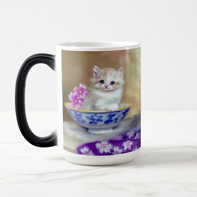 Vintage White Kitten Illustration Magic Mug (Left)