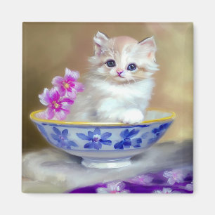 Vintage White Kitten Illustration Magnet