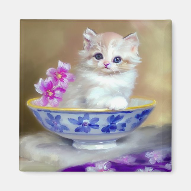 Vintage White Kitten Illustration Magnet (Front)