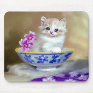 Vintage White Kitten Illustration Mouse Mat