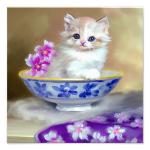 Vintage White Kitten Illustration Photo Print
