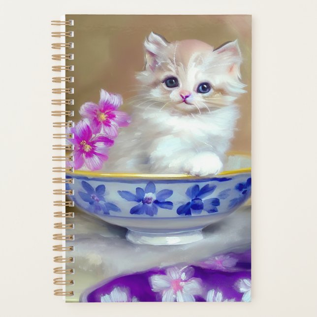Vintage White Kitten Illustration Planner (Front)
