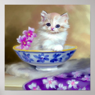 Vintage White Kitten Illustration Poster