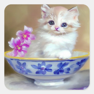 Vintage White Kitten Illustration Square Sticker
