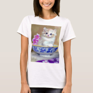 Vintage White Kitten Illustration T-Shirt