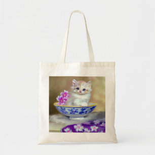 Vintage White Kitten Illustration Tote Bag
