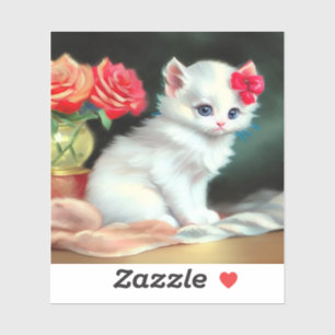 Vintage White Kitten Illustration with Red Flowers