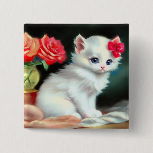 Vintage White Kitten Illustration with Red Flowers 15 Cm Square Badge
