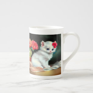 Vintage White Kitten Illustration with Red Flowers Bone China Mug