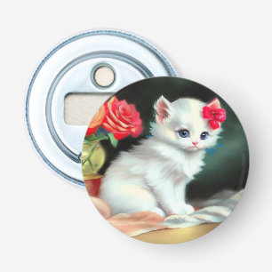 Vintage White Kitten Illustration with Red Flowers Bottle Opener