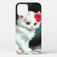 Vintage White Kitten Illustration with Red Flowers