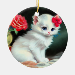 Vintage White Kitten Illustration with Red Flowers Ceramic Tree Decoration
