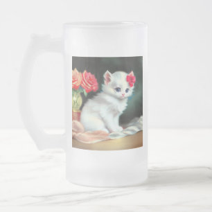 Vintage White Kitten Illustration with Red Flowers Frosted Glass Beer Mug