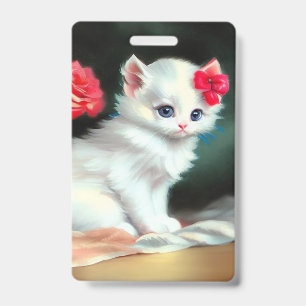 Vintage White Kitten Illustration with Red Flowers ID Badge