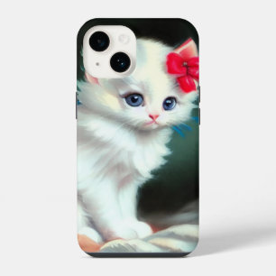 Vintage White Kitten Illustration with Red Flowers iPhone 14 Case