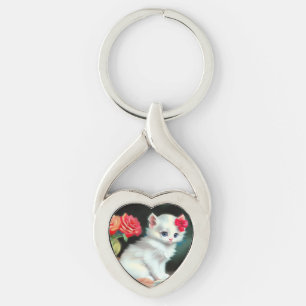 Vintage White Kitten Illustration with Red Flowers Key Ring