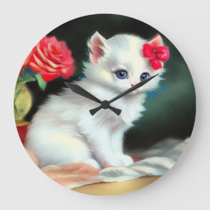 Vintage White Kitten Illustration with Red Flowers Large Clock