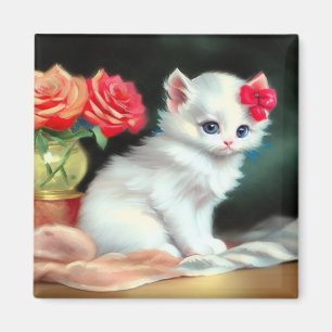 Vintage White Kitten Illustration with Red Flowers Magnet
