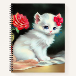 Vintage White Kitten Illustration with Red Flowers Notebook
