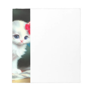 Vintage White Kitten Illustration with Red Flowers Notepad