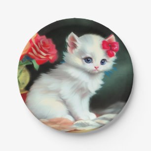 Vintage White Kitten Illustration with Red Flowers Paper Plate