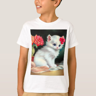 Vintage White Kitten Illustration with Red Flowers T-Shirt