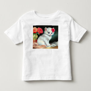 Vintage White Kitten Illustration with Red Flowers Toddler T-Shirt