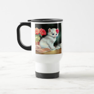 Vintage White Kitten Illustration with Red Flowers Travel Mug