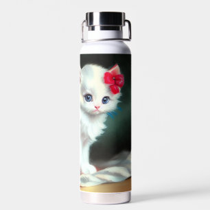 Vintage White Kitten Illustration with Red Flowers Water Bottle