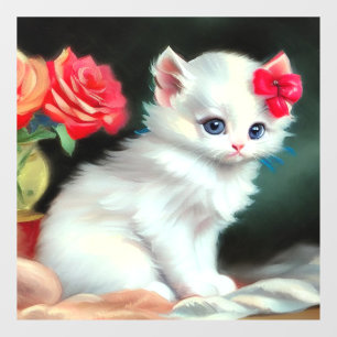 Vintage White Kitten Illustration with Red Flowers Window Cling