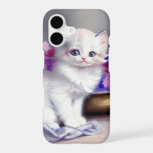 Vintage White Kitten with Pink and Purple Flowers