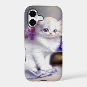 Vintage White Kitten with Pink and Purple Flowers