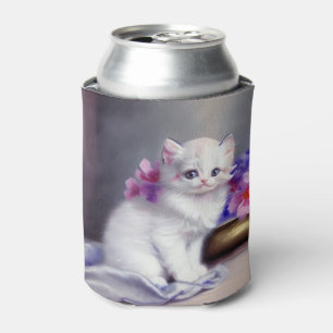 Vintage White Kitten with Pink and Purple Flowers Can Cooler